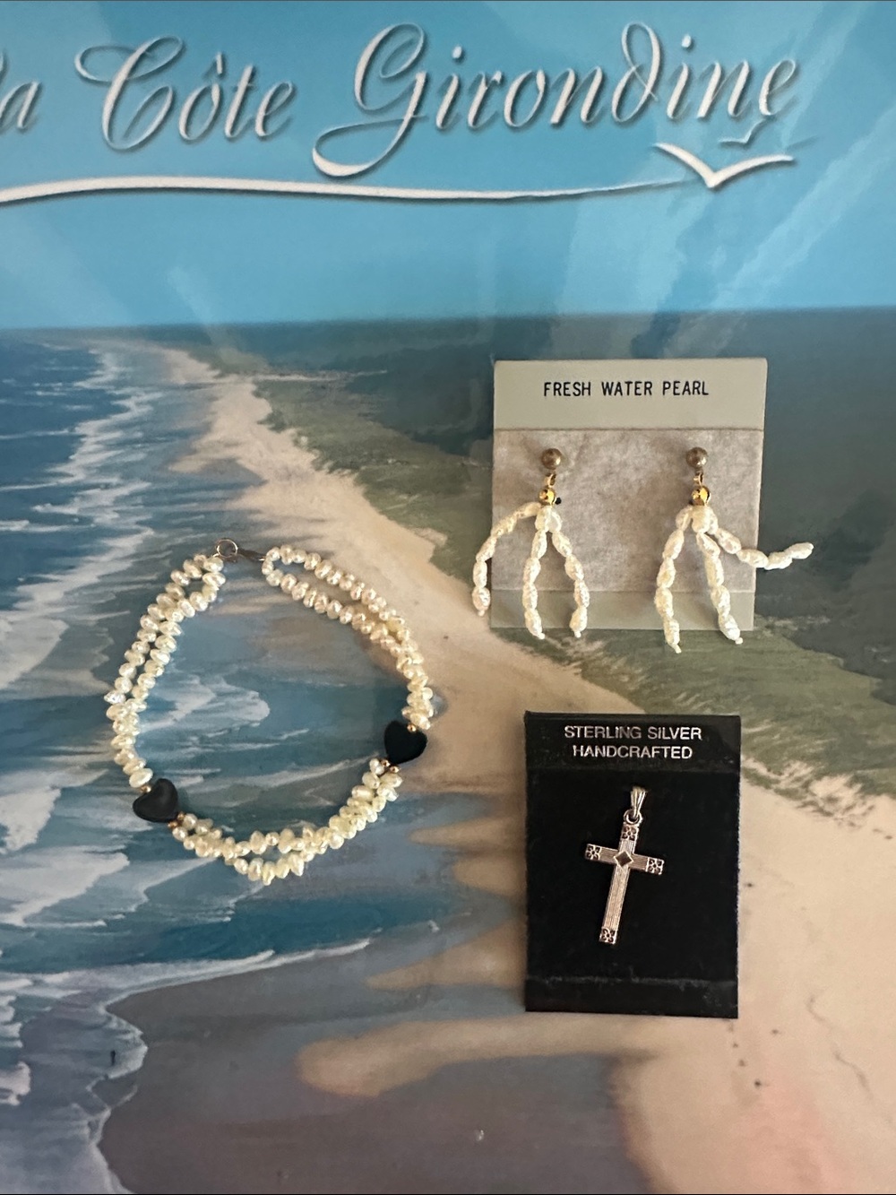 Fresh Water Pearl White Bracelet, earrings & Sterling Silver cross.  Lot of 3